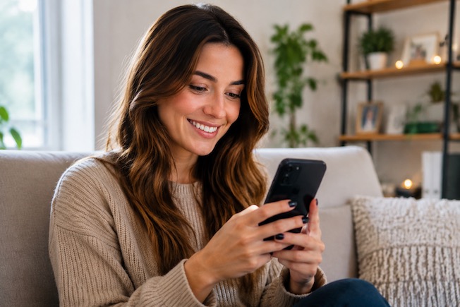 Vrouw gebruikt een datingsite op haar smartphone