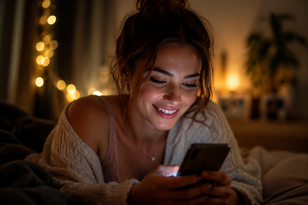 Vrouw glimlacht terwijl ze een bericht leest op haar smartphone.