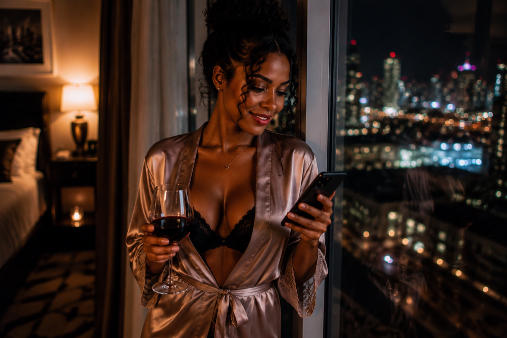 Elegante vrouw kijkt glimlachend op haar telefoon in een luxe hotelkamer.